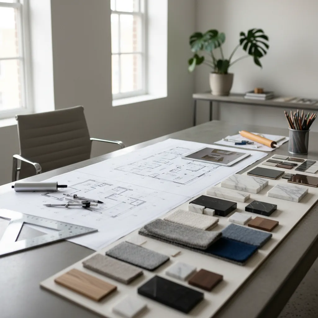 Floor plans with material samples like wood and marble displayed on a desk with tools