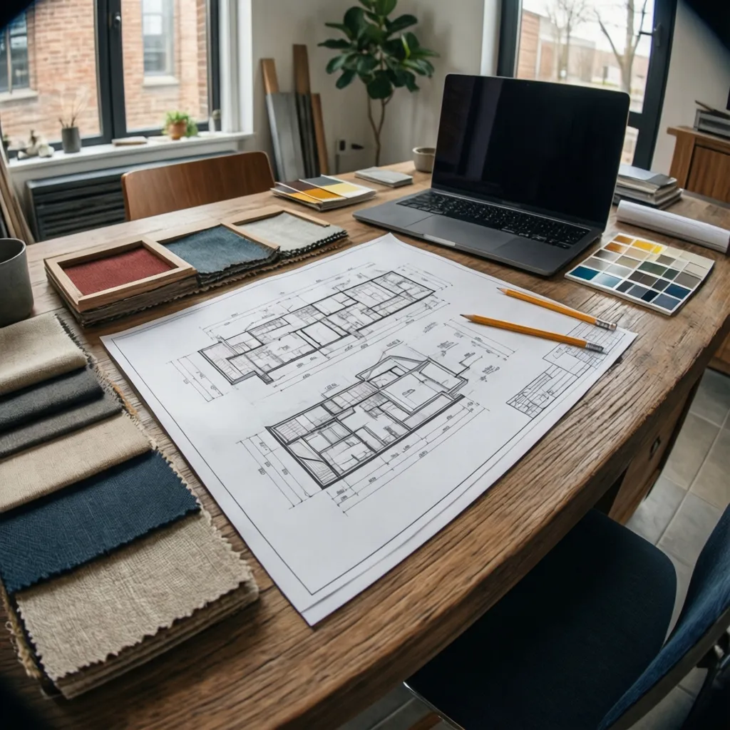 Mesa de trabajo con planos de diseño de interiores y muestras de materiales