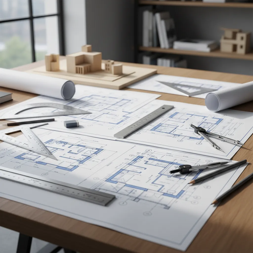 Planos técnicos de interiorismo sobre una mesa de trabajo