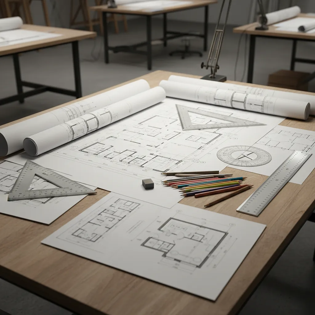 Planos técnicos de interiorismo con medidas, iluminación y distribución