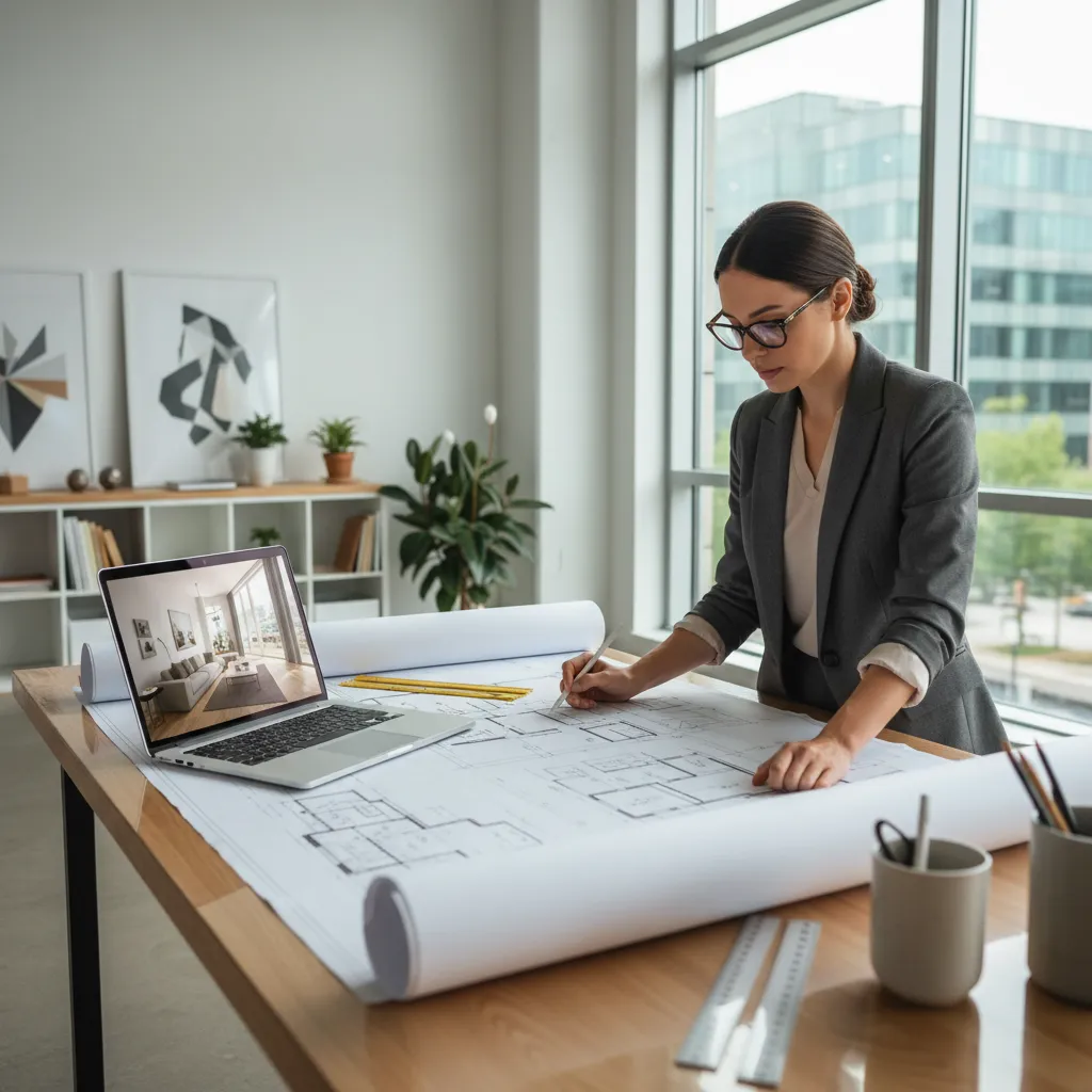 Diseñador revisando planos de un proyecto de interiorismo