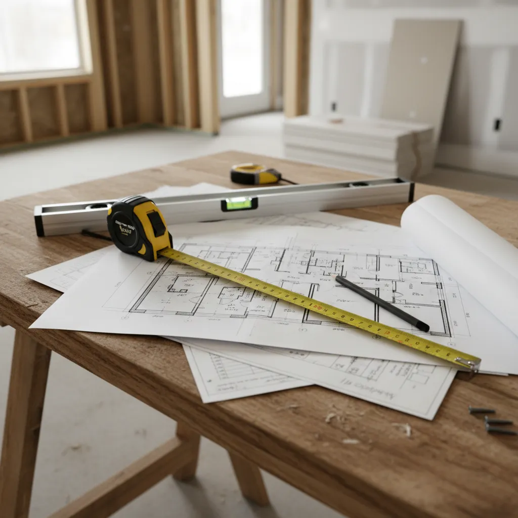 Planos de reforma interior sobre una mesa de trabajo con herramientas