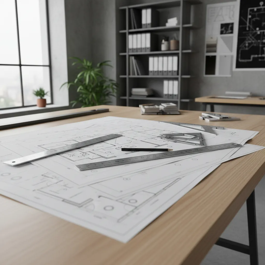 Interior design drawing on wooden table with metal rulers and pencil in a bright office