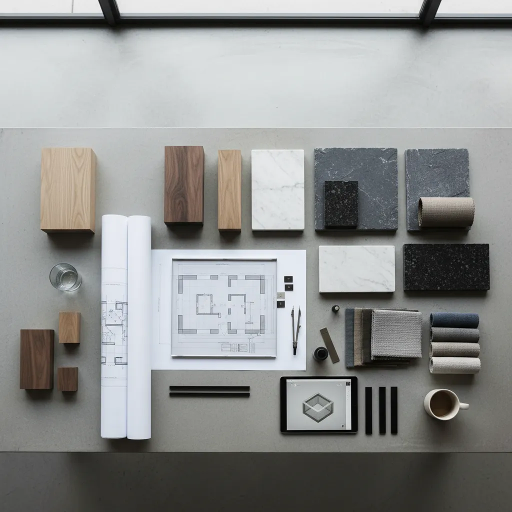 Planos de interiorismo con muestras de materiales sobre una mesa de trabajo