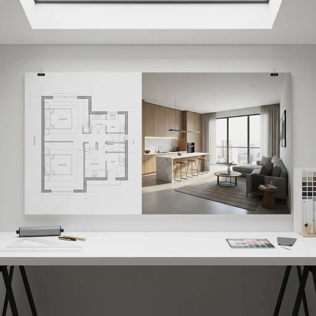 combinación de plano 2D y render 3D de una vivienda