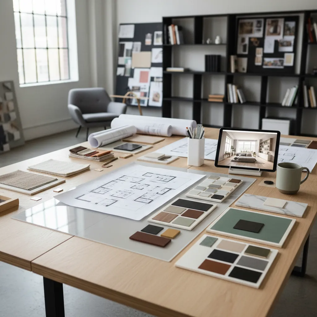 Mesa de trabajo con planos de interiorismo, muestras de materiales y una tablet con render 3D
