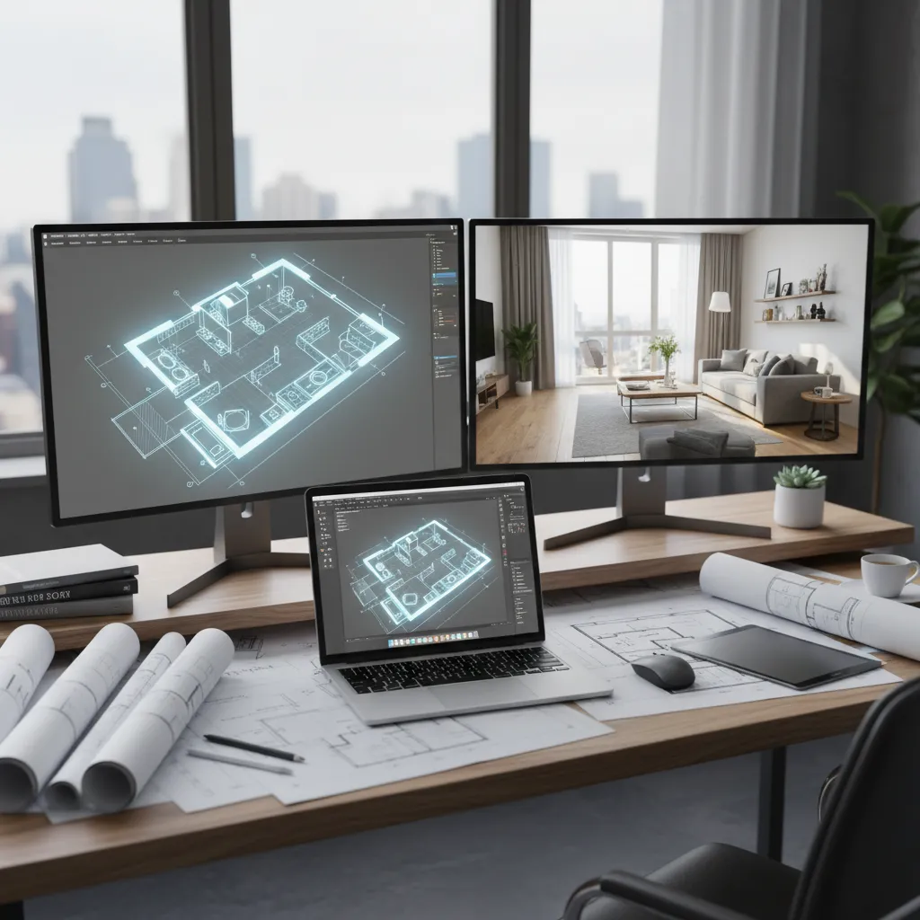 Professional interior design workstation with multiple screens displaying room layout drawings and modern living room