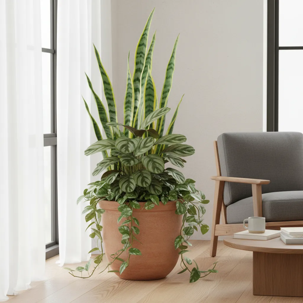 Composición de plantas de diferentes alturas en una jardinera interior