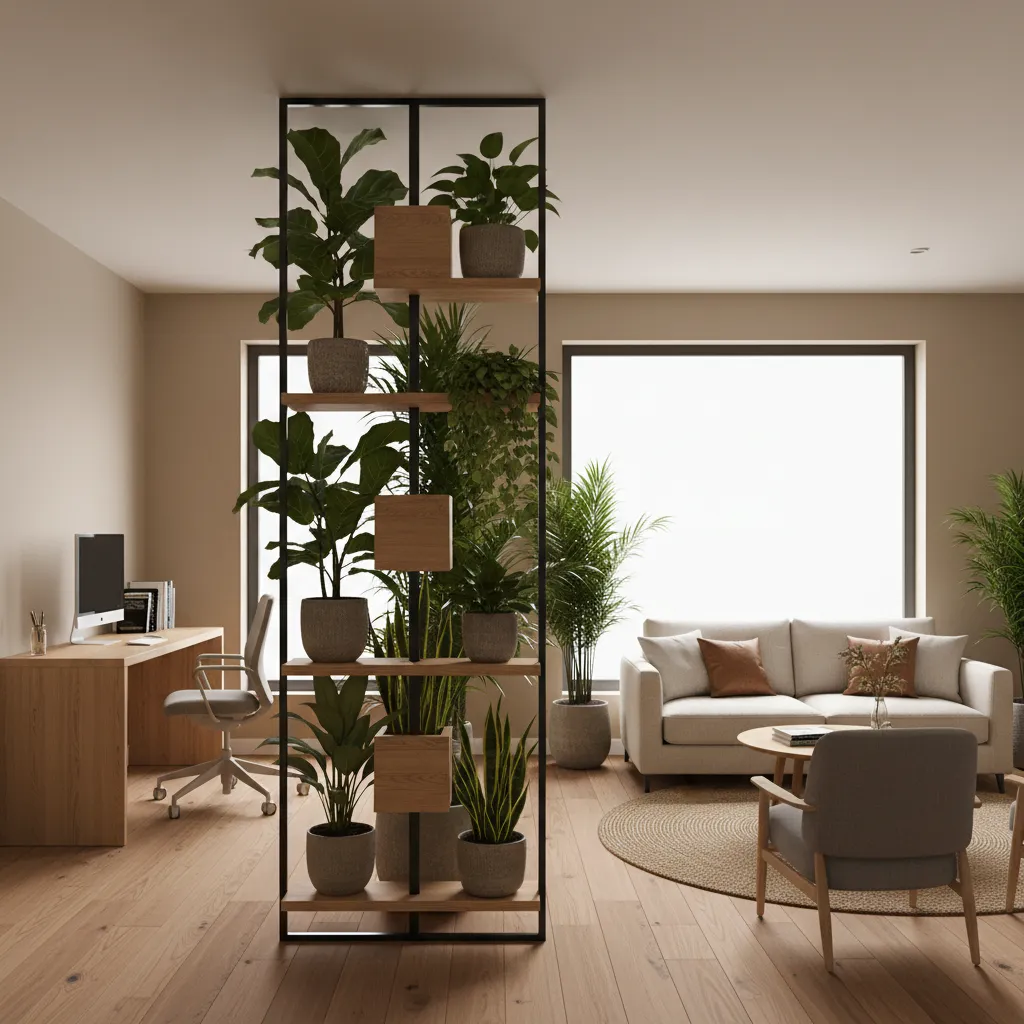 Indoor plant divider separating a living room and workspace