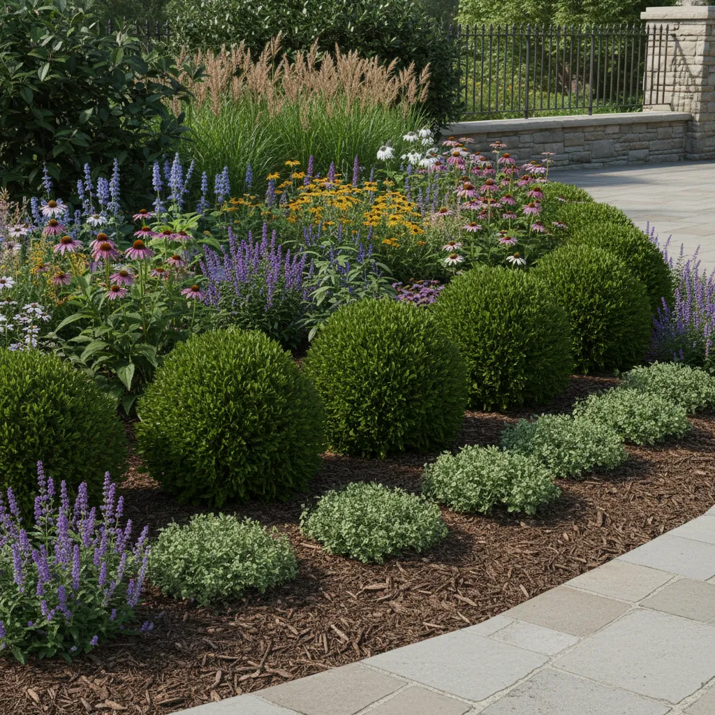 garden bed showing proper plant spacing with shrubs and perennials arranged in layers