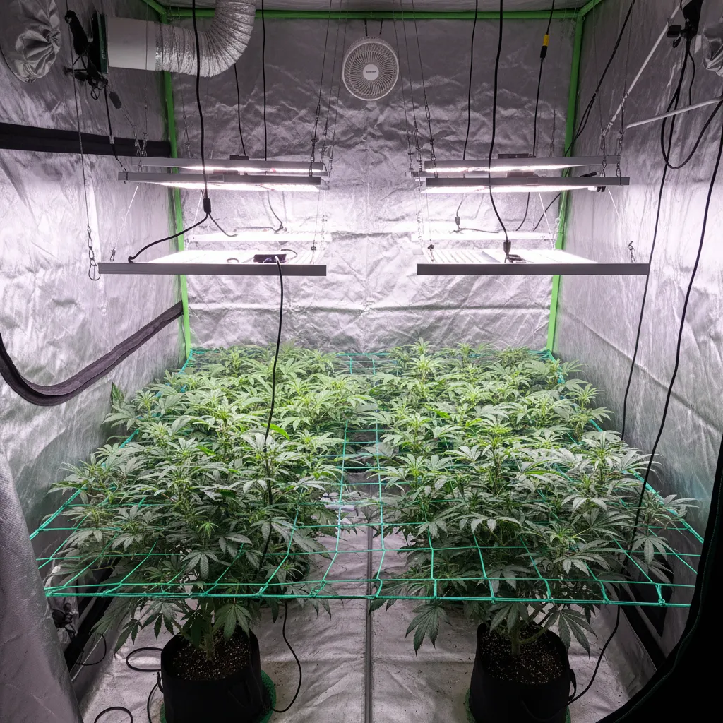 Low stress trained plants forming flat canopy under grow lights