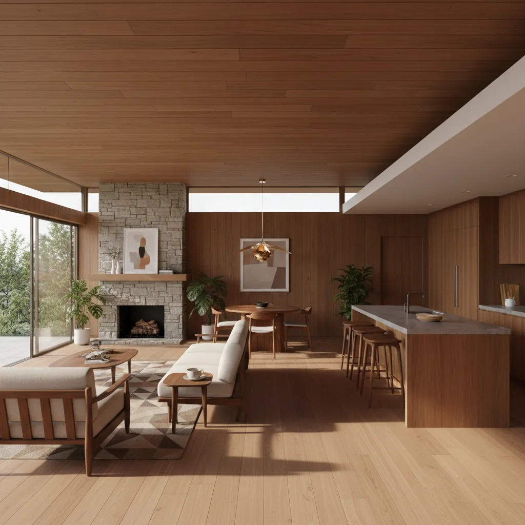 Plano interior de casa con concepto abierto inspirado en los años 50