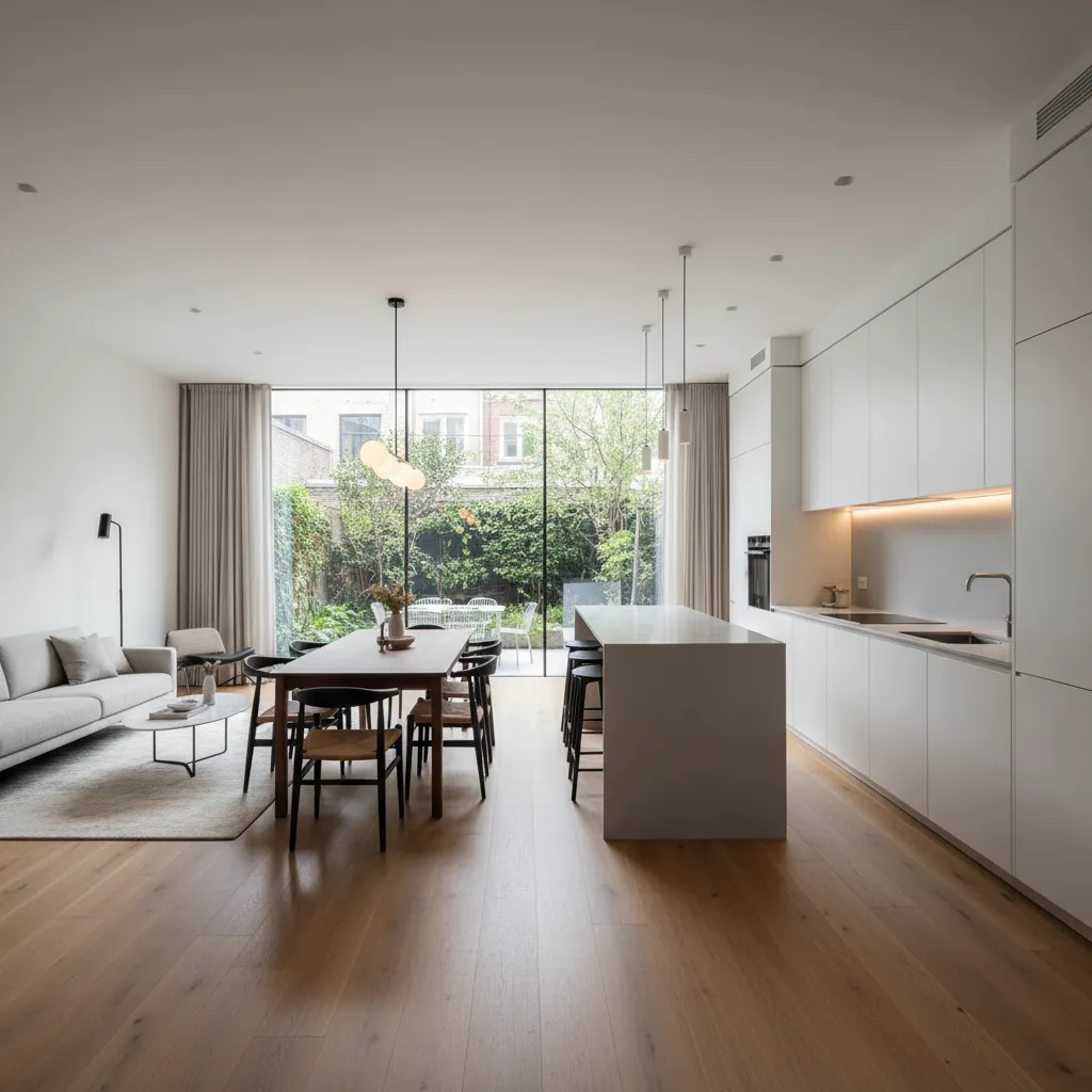 Espacio abierto de sala comedor y cocina en una casa estrecha