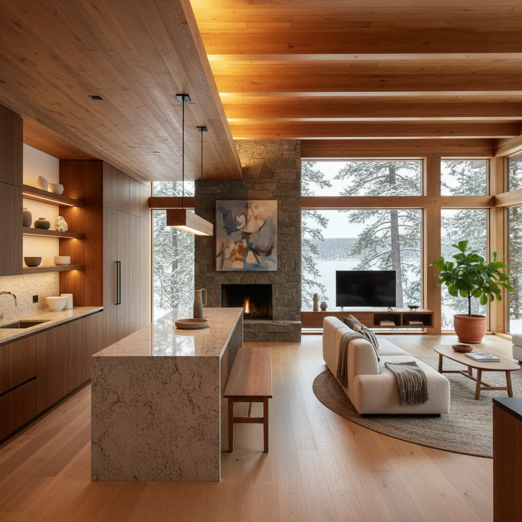 Interior design drawing of open room layout with kitchen island sofa and stone fireplace windows