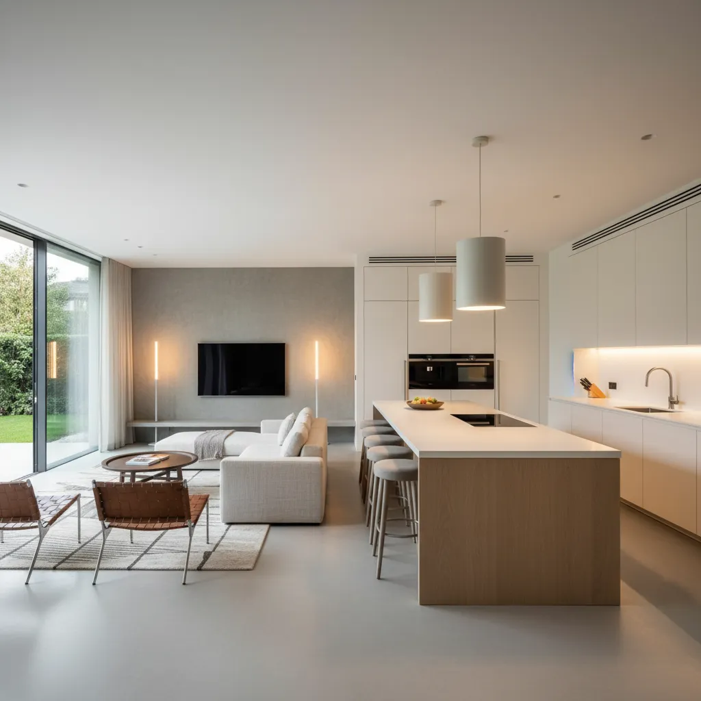 Interior de casa moderna con cocina y salón integrados