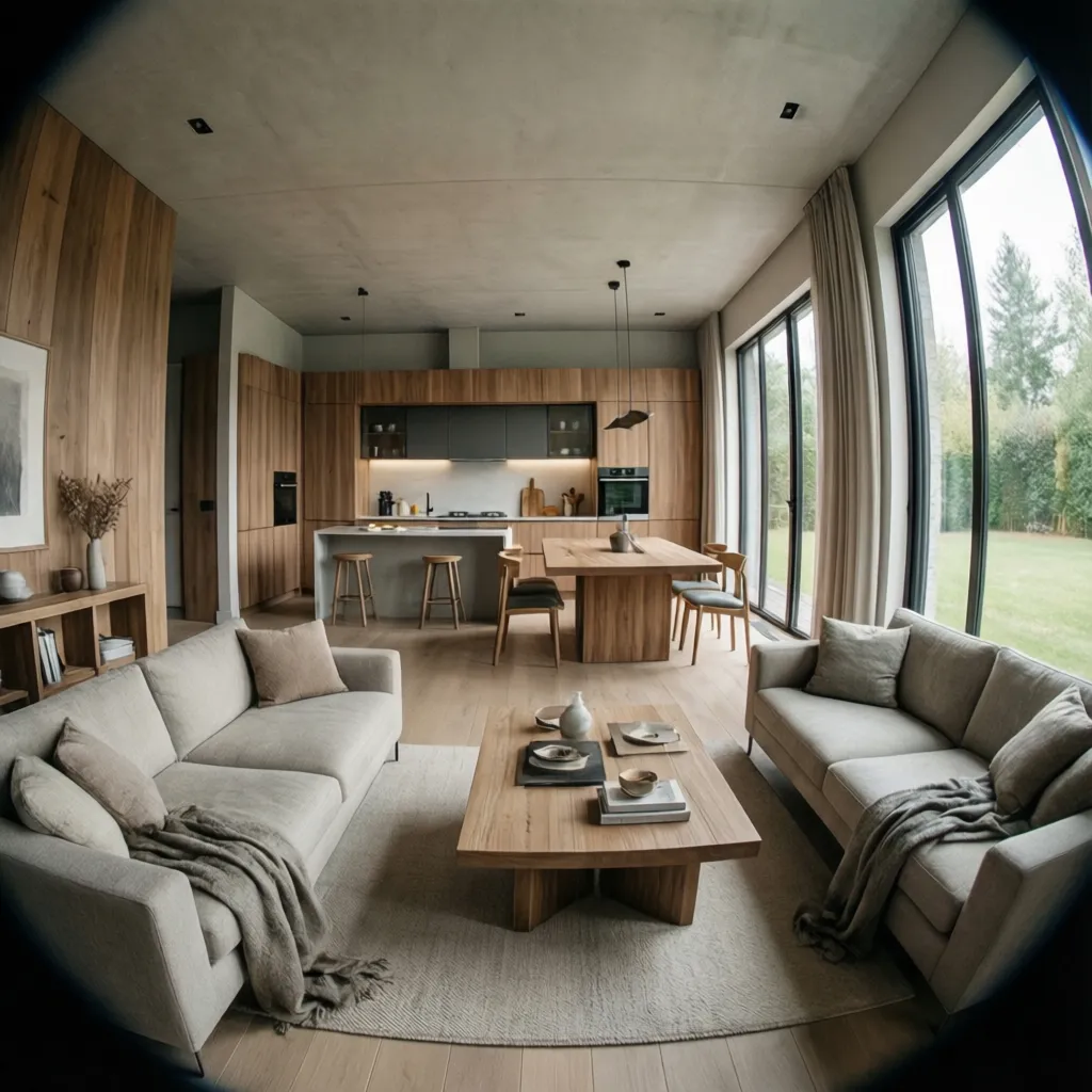 Interior de casa moderna con sala comedor y cocina en espacio abierto
