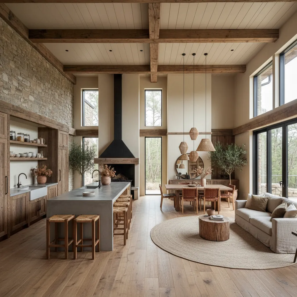 Espacio abierto con cocina y salón en casa rústica moderna