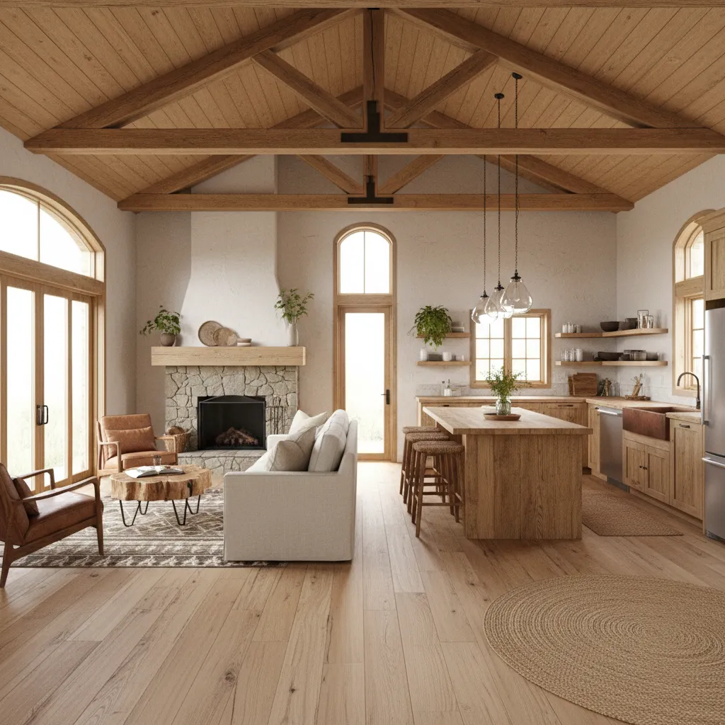 Diseño de planta abierta en casa rústica pequeña con cocina y salón integrados