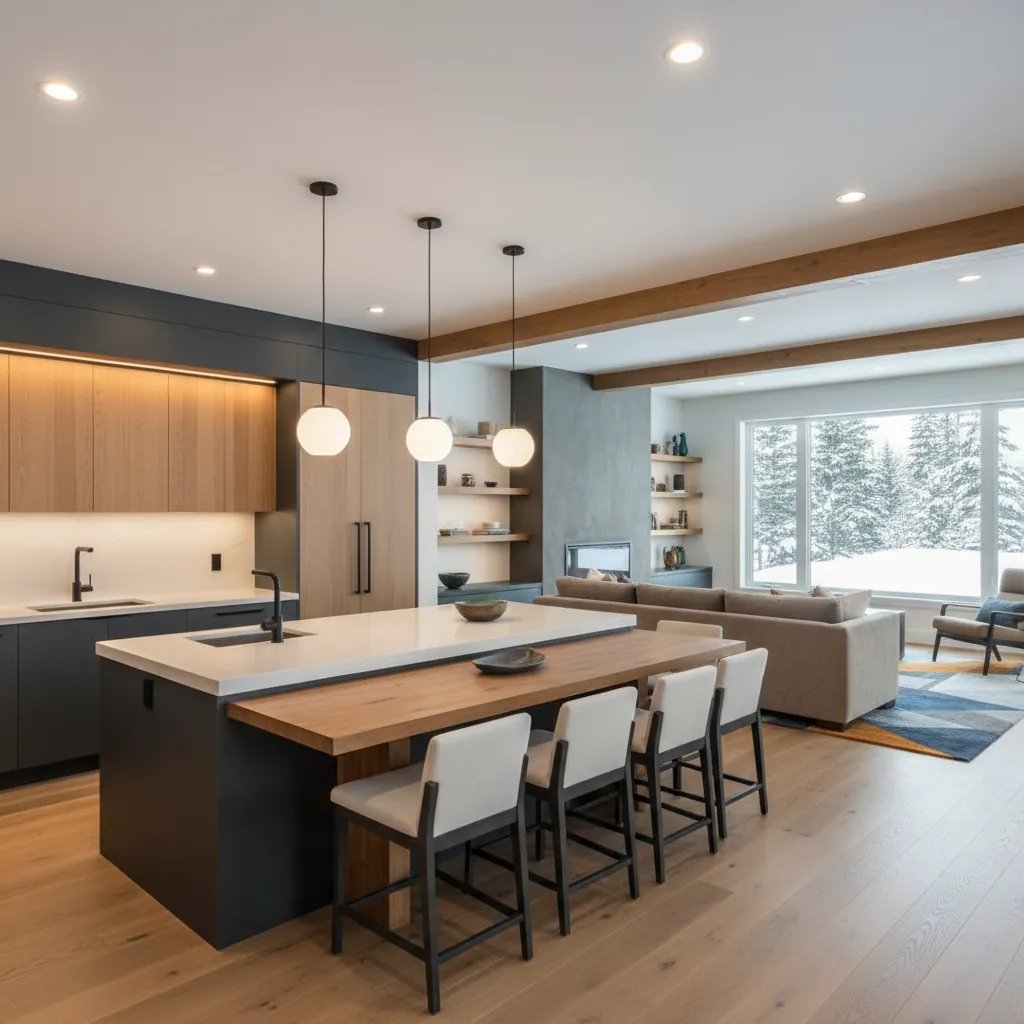 Modern open kitchen with wood island stools grey sofa and large window showing snowy view