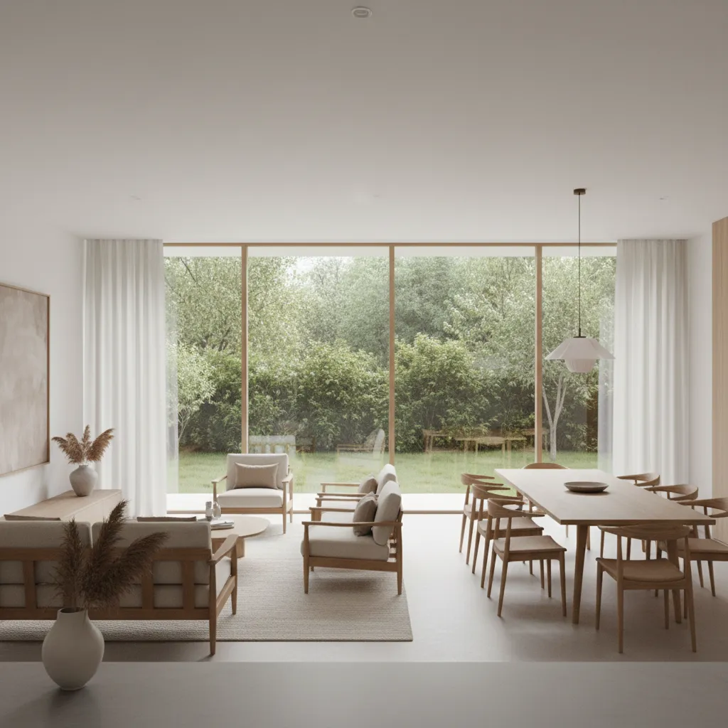 Sala y comedor integrados en una casa moderna