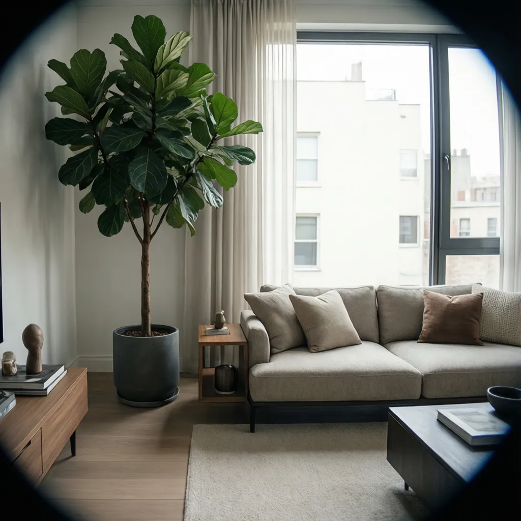 Ficus alto junto a un sofá en un salón de diseño moderno