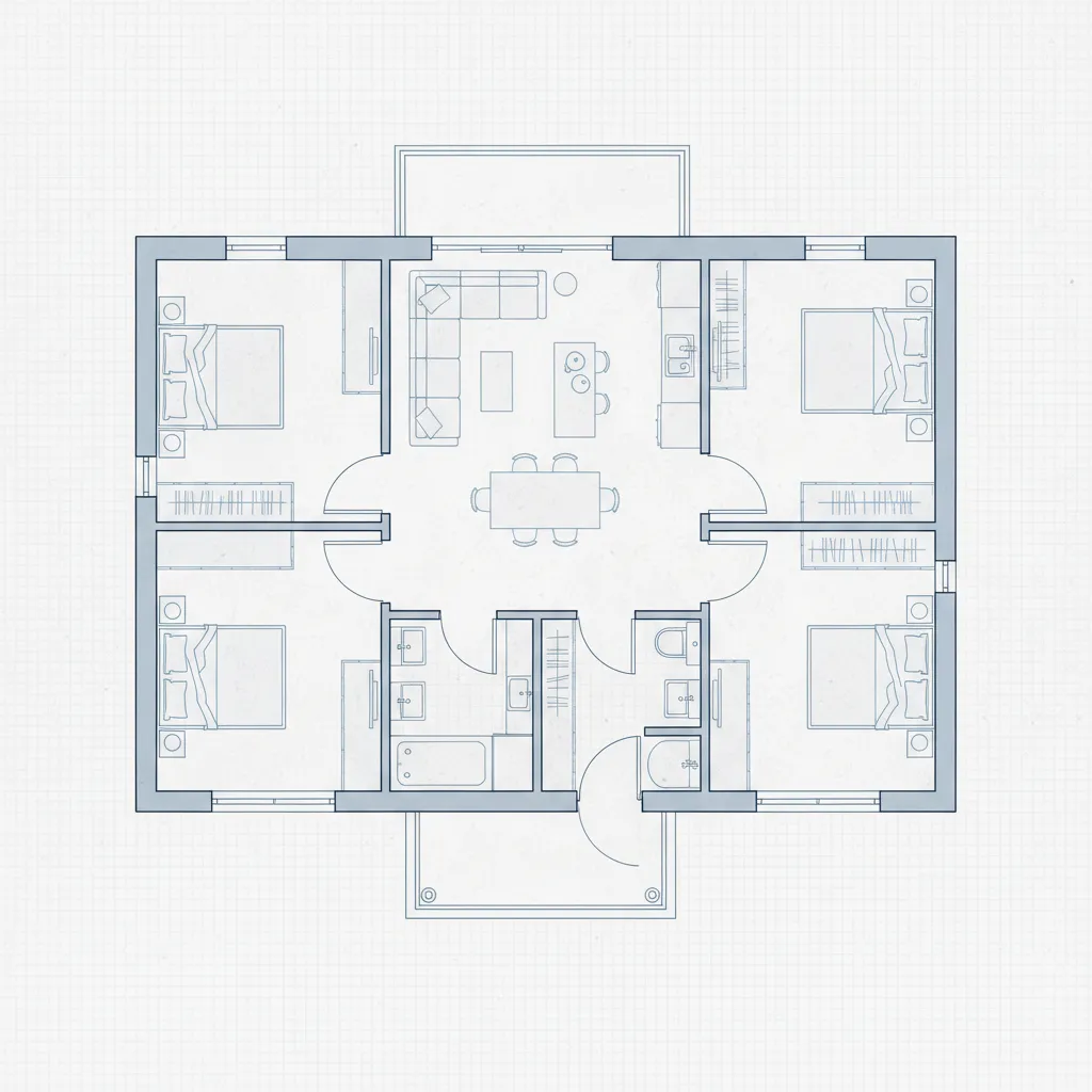 planta arquitetônica simples de casa com dois quartos e uma suíte