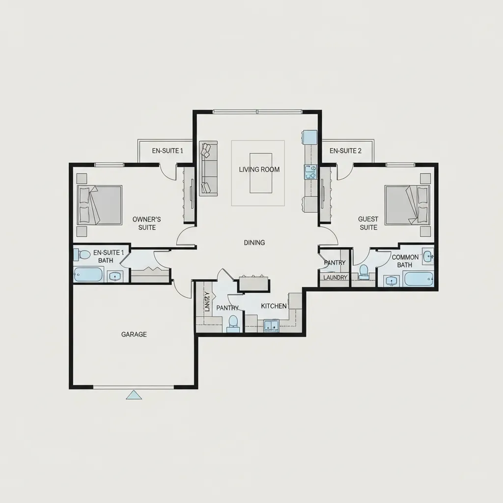 planta arquitetônica com dois banheiros suíte e um quarto adicional