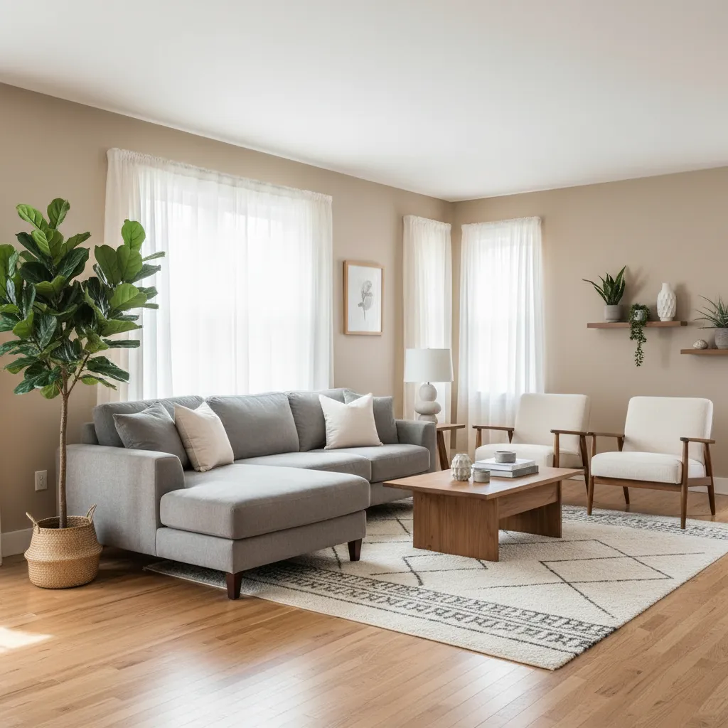 Living room with grey sofa two white chairs wooden coffee table and large green plant