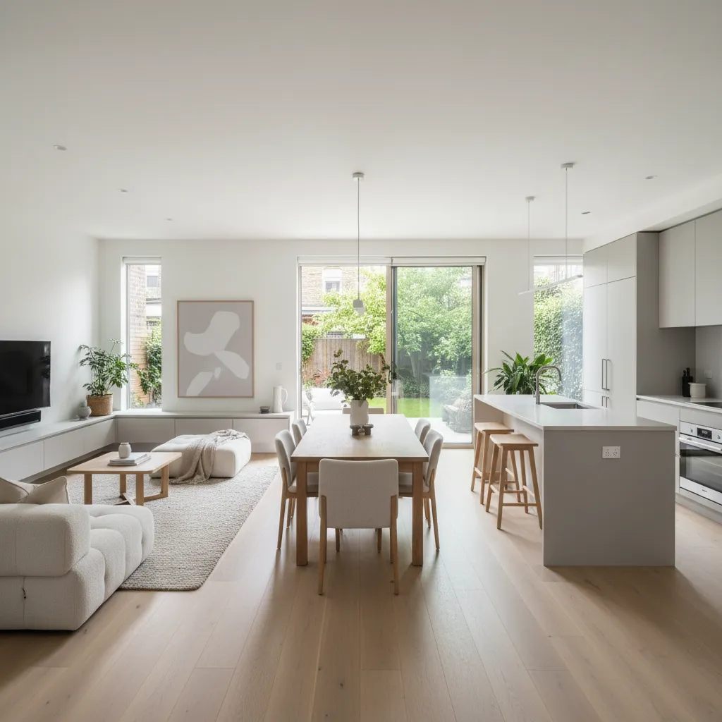 Interior de planta baja abierta en casa adosada con salón comedor y cocina conectados