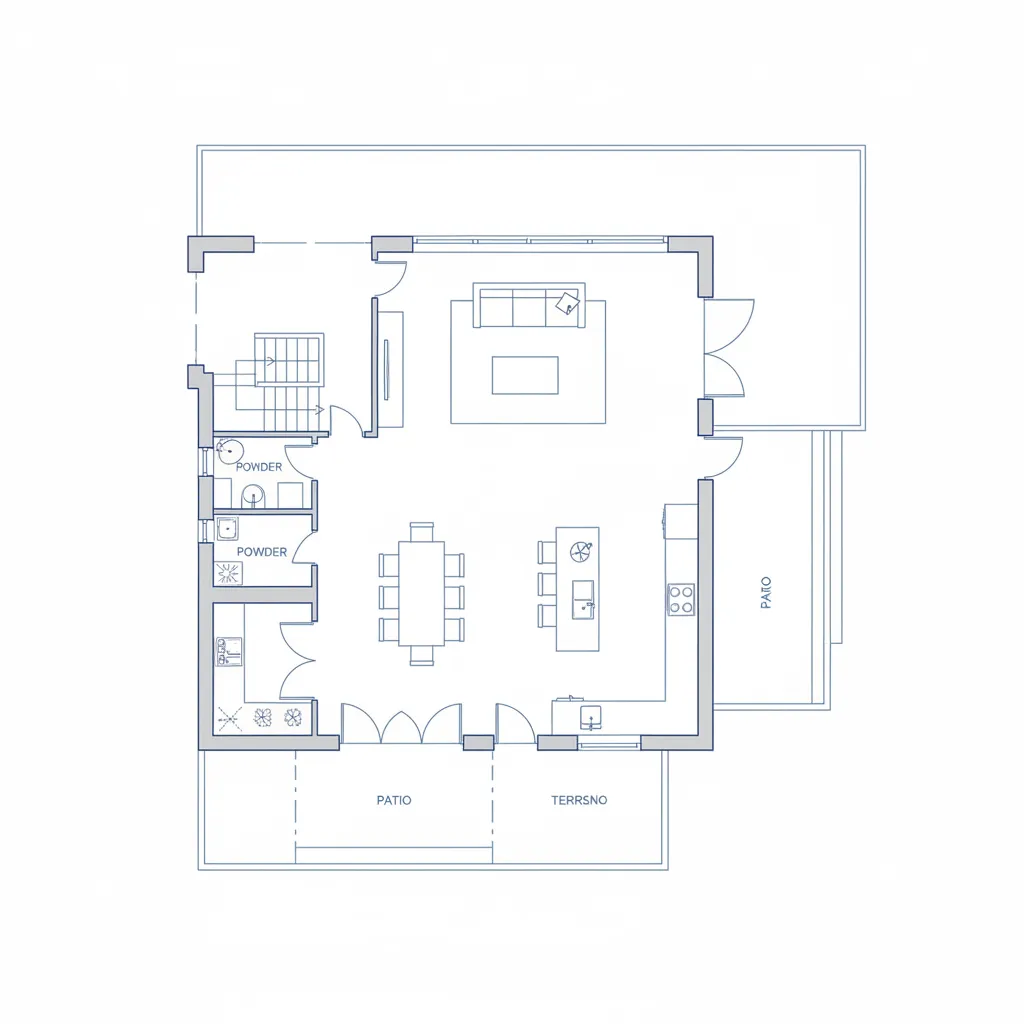 Plano arquitectónico de planta baja de una casa mexicana de dos pisos