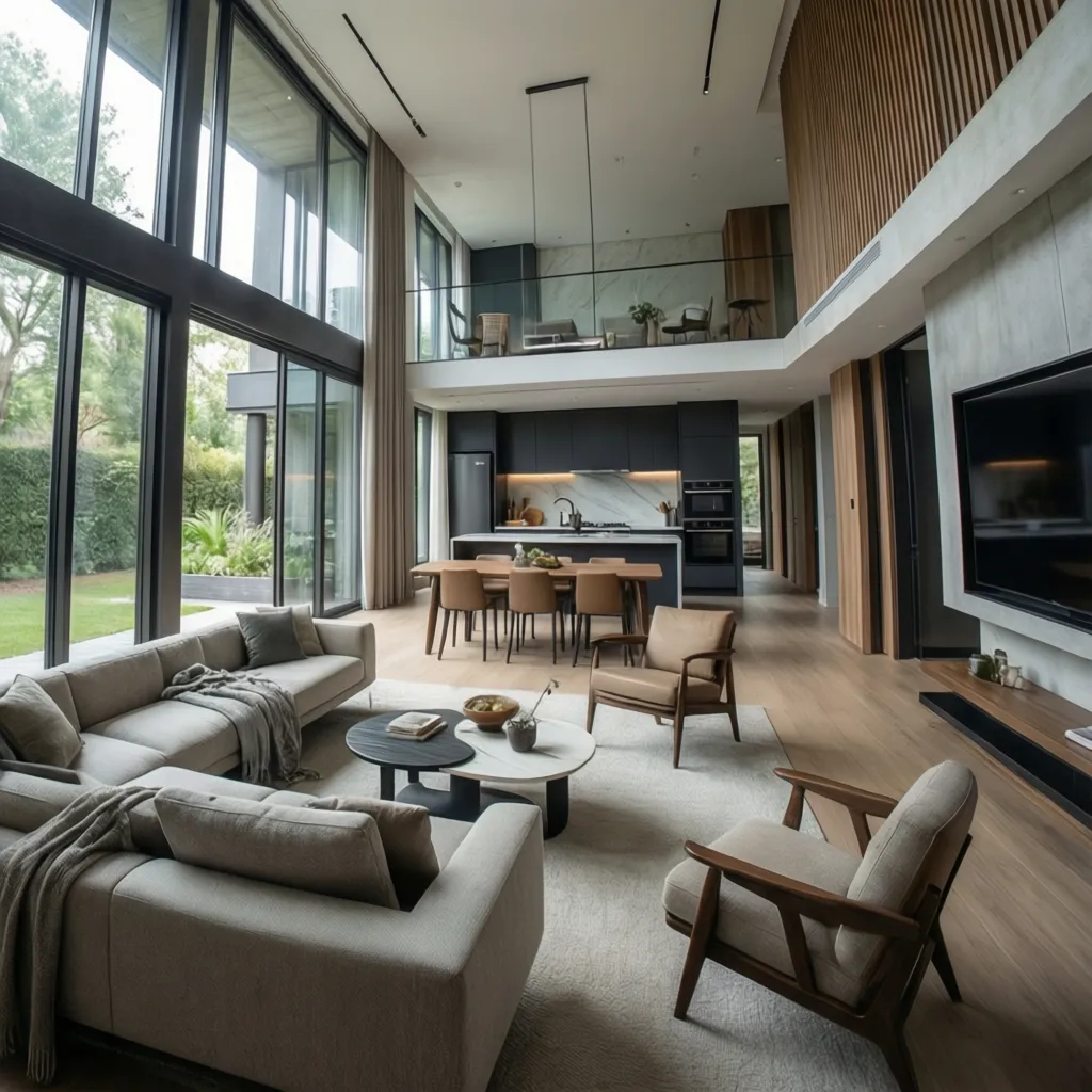 Distribución abierta de sala, comedor y cocina en planta baja