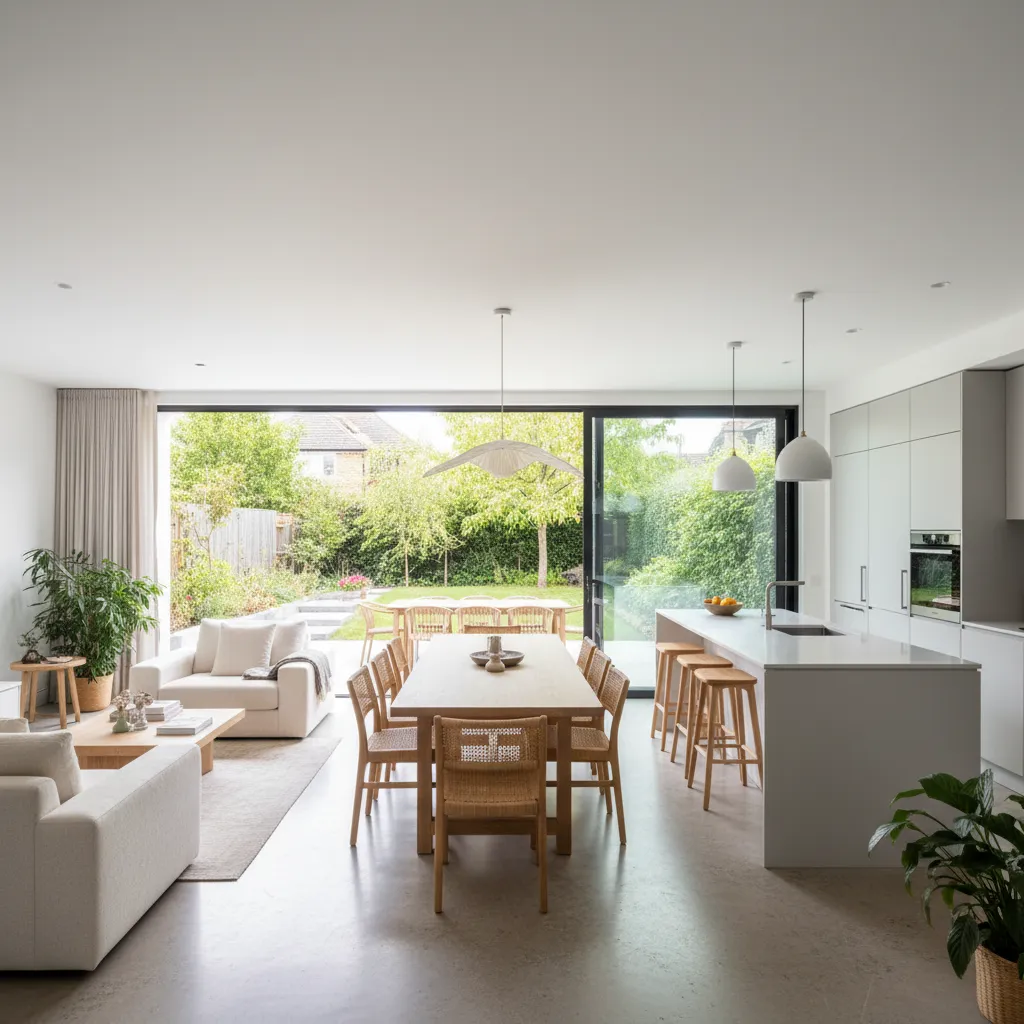 Diseño interior de planta baja abierta en casa pareada moderna