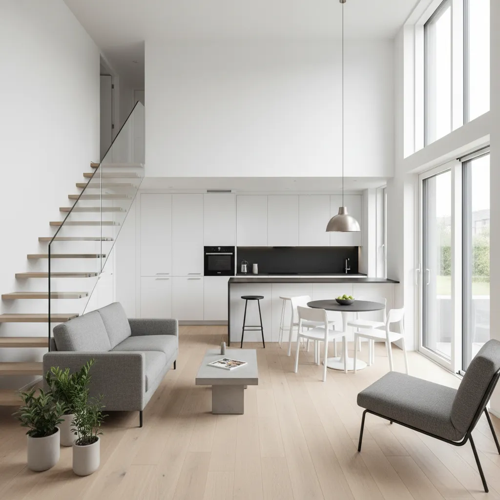 Sala comedor y cocina integrados en el interior de una casa pequeña de dos pisos