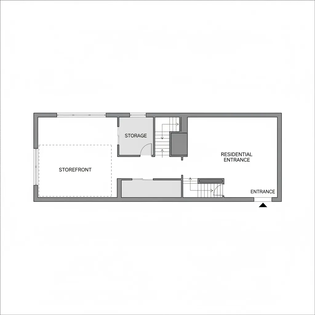 Plano arquitectónico de planta baja con local comercial y acceso independiente a vivienda