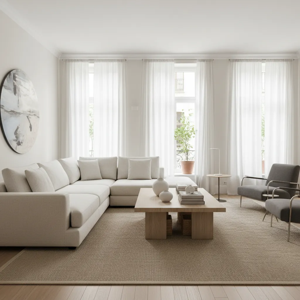 Salón de planta baja con ventanas amplias y mobiliario bajo