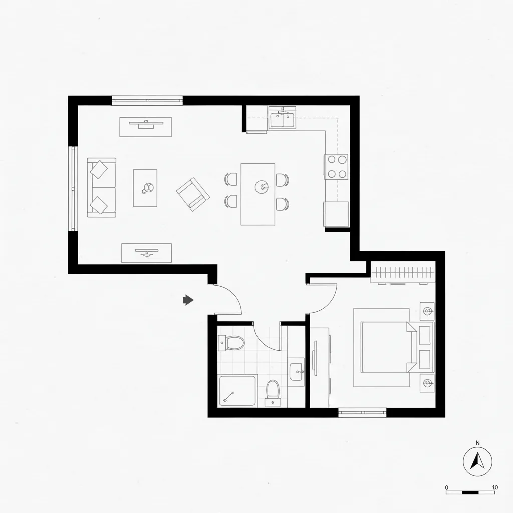 planta arquitetonica de casa com 1 quarto layout em L