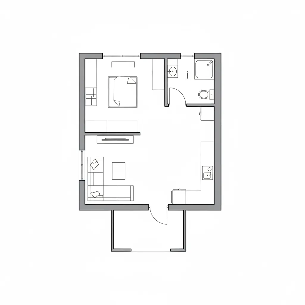 planta simples de casa com um quarto e ambientes integrados