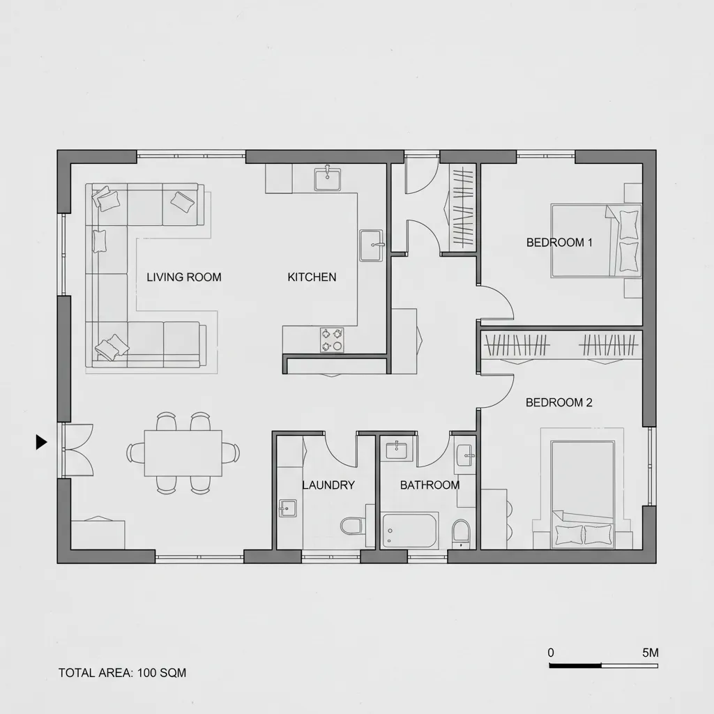 Planta de casa 100 m2 mostrando divisão entre área social e quartos