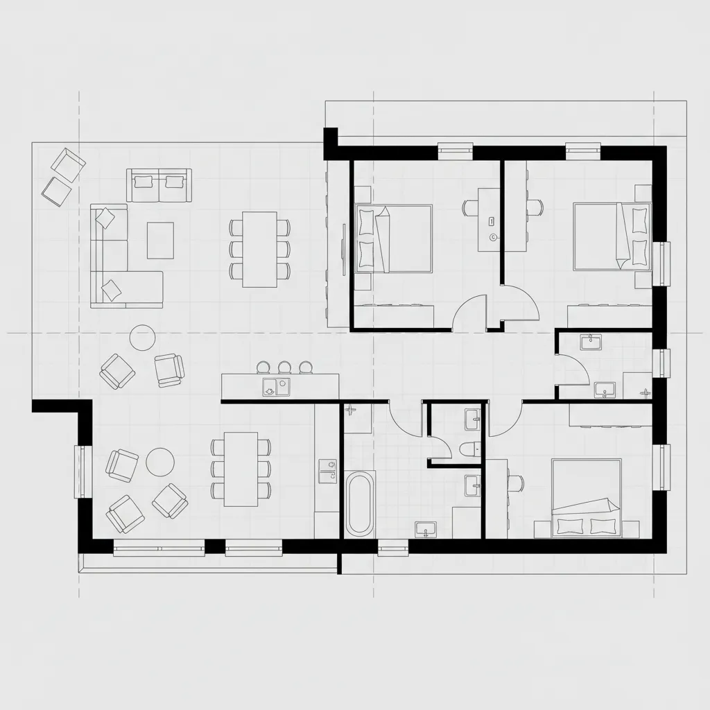 planta arquitetônica de casa 140m2 com divisão entre área social e íntima