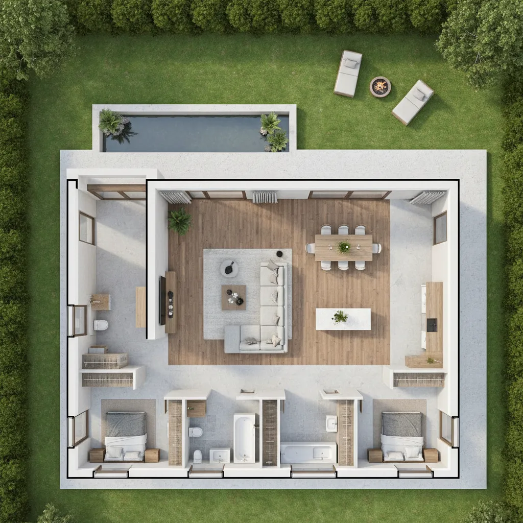Plano de casa en forma de L de 150 metros cuadrados