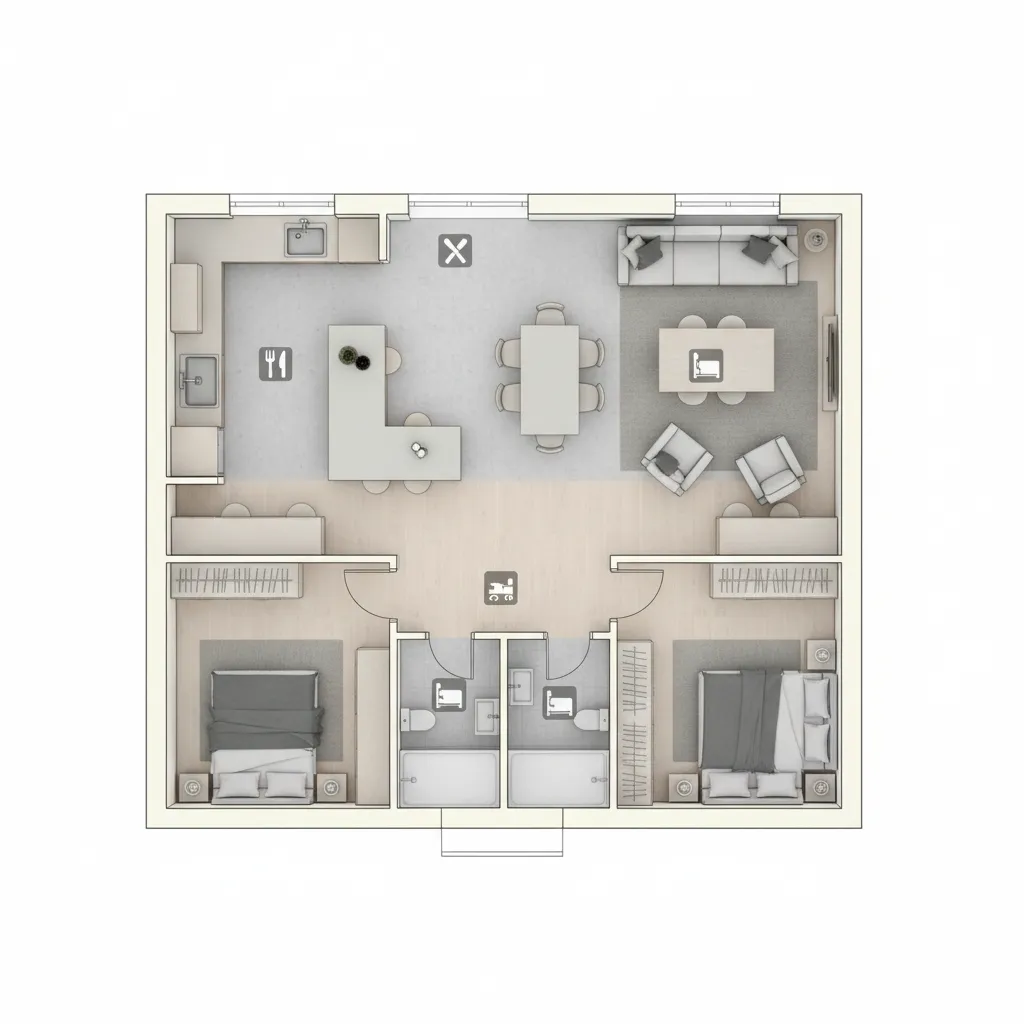 Planta de Casas 2 Quartos e Cozinha Americana