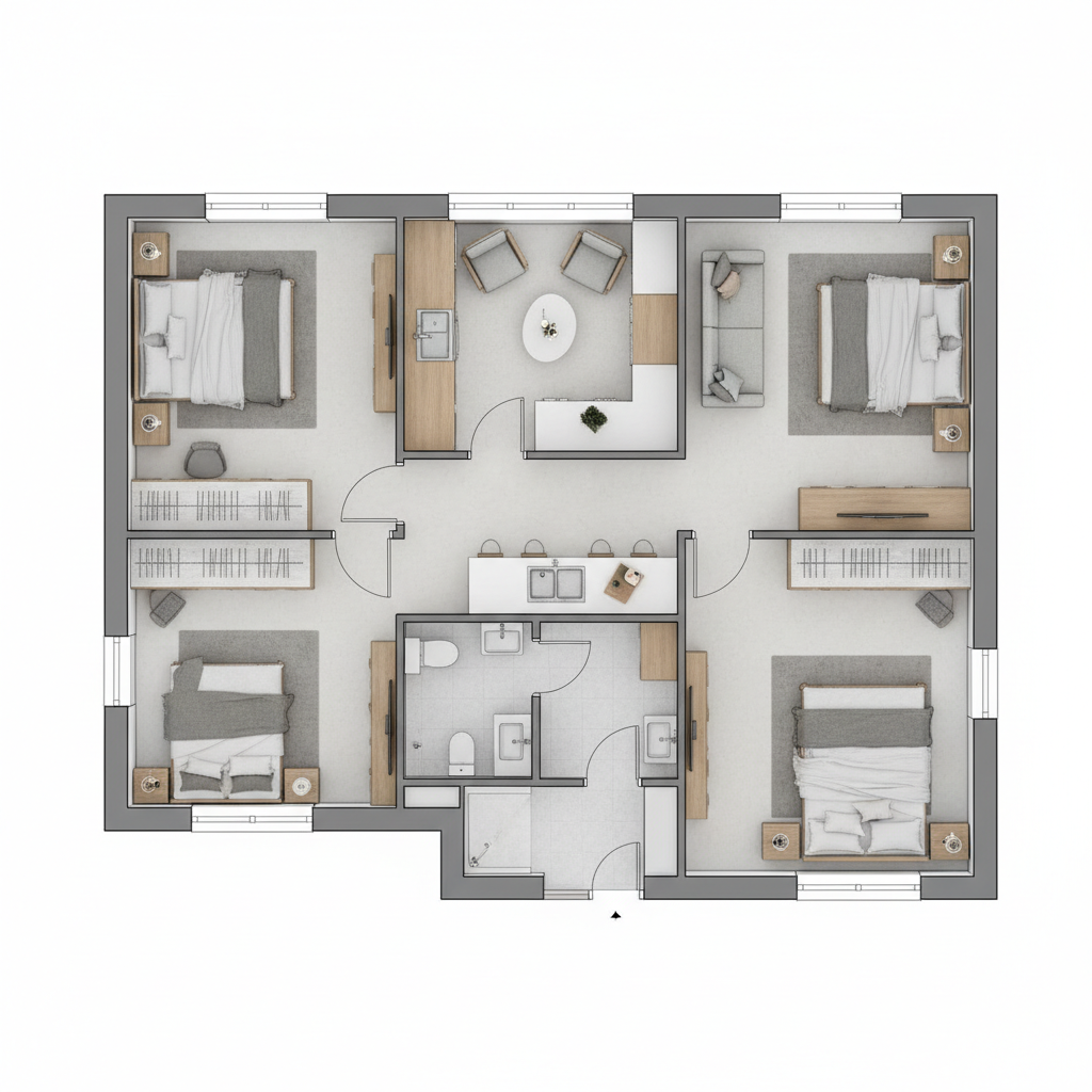 Planta de Casas com 2 Quartos e Cozinha Americana