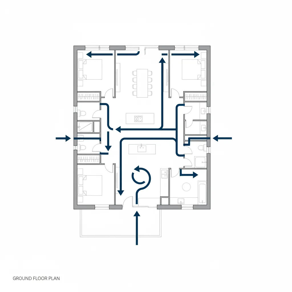 diagrama de circulação em planta residencial