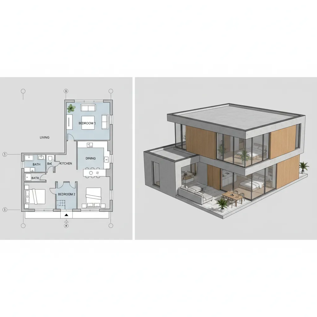 comparação entre planta baixa 2D e visualização 3D de casa