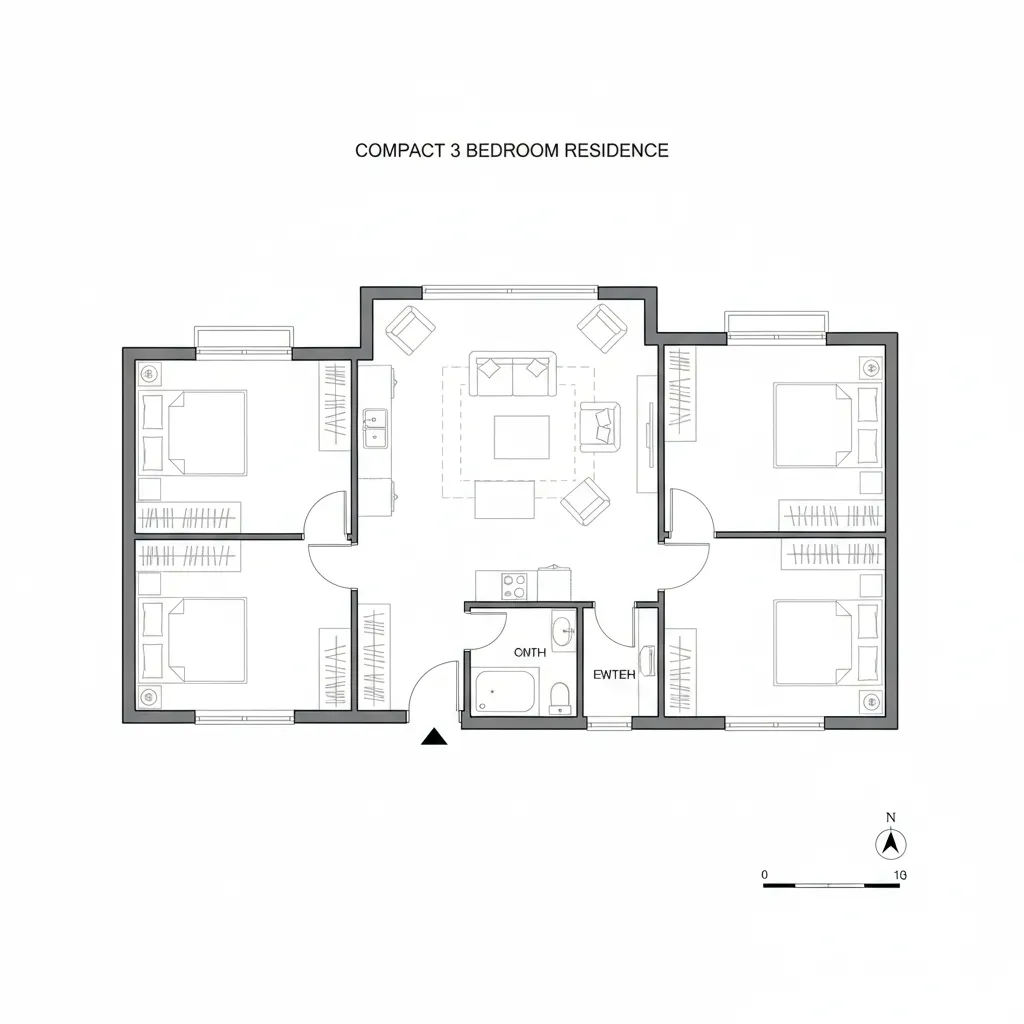 exemplo de planta de casa com 3 quartos e área social integrada
