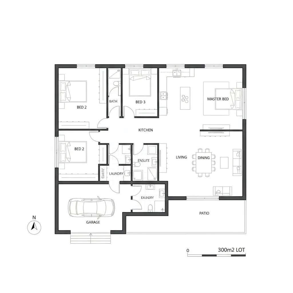 planta de casa com tres quartos para terreno de 300m2
