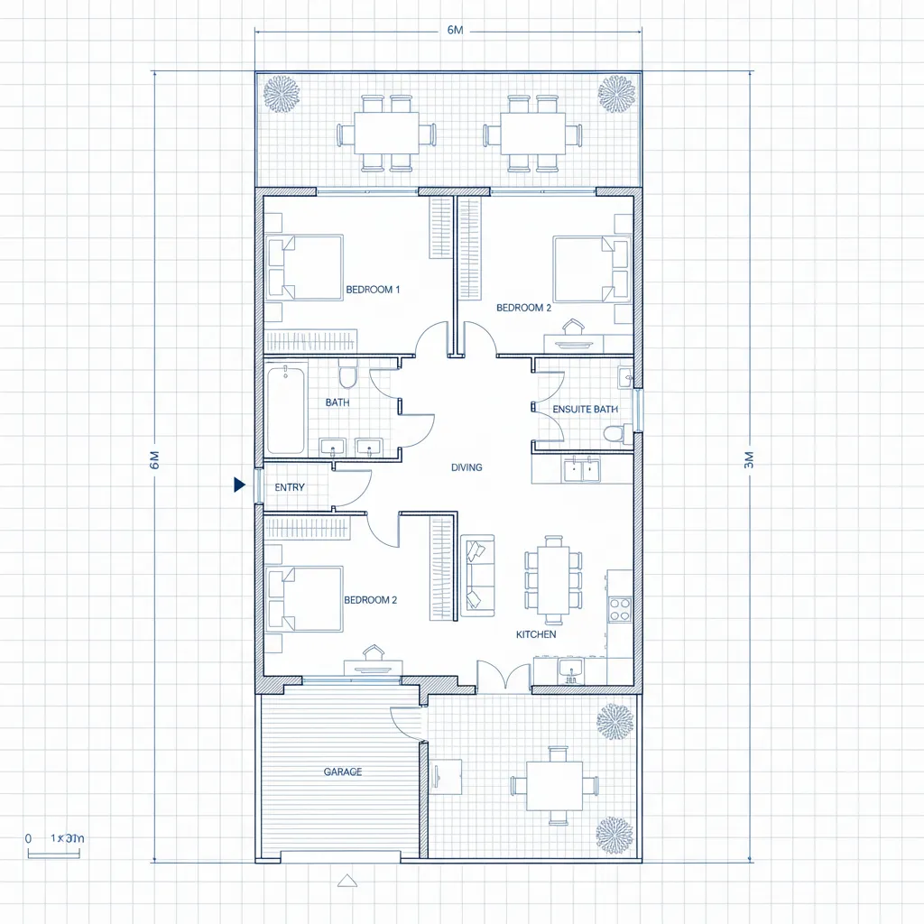 planta de casa com 3 quartos para terreno 6x30