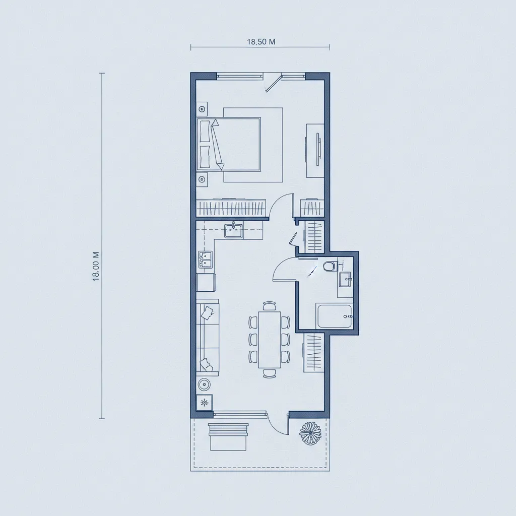 Plano arquitectónico de una casa estrecha de tres metros de ancho