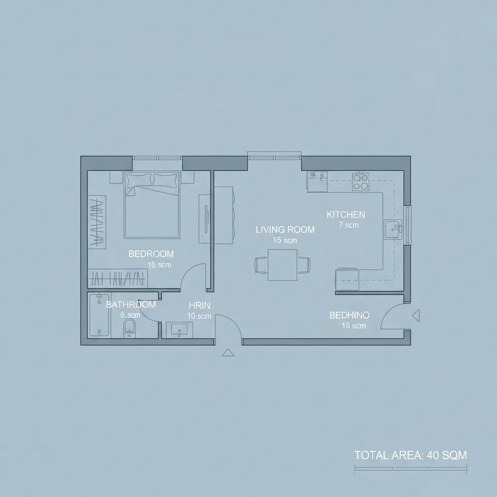 planta de casa 40m2 com um quarto e sala integrada