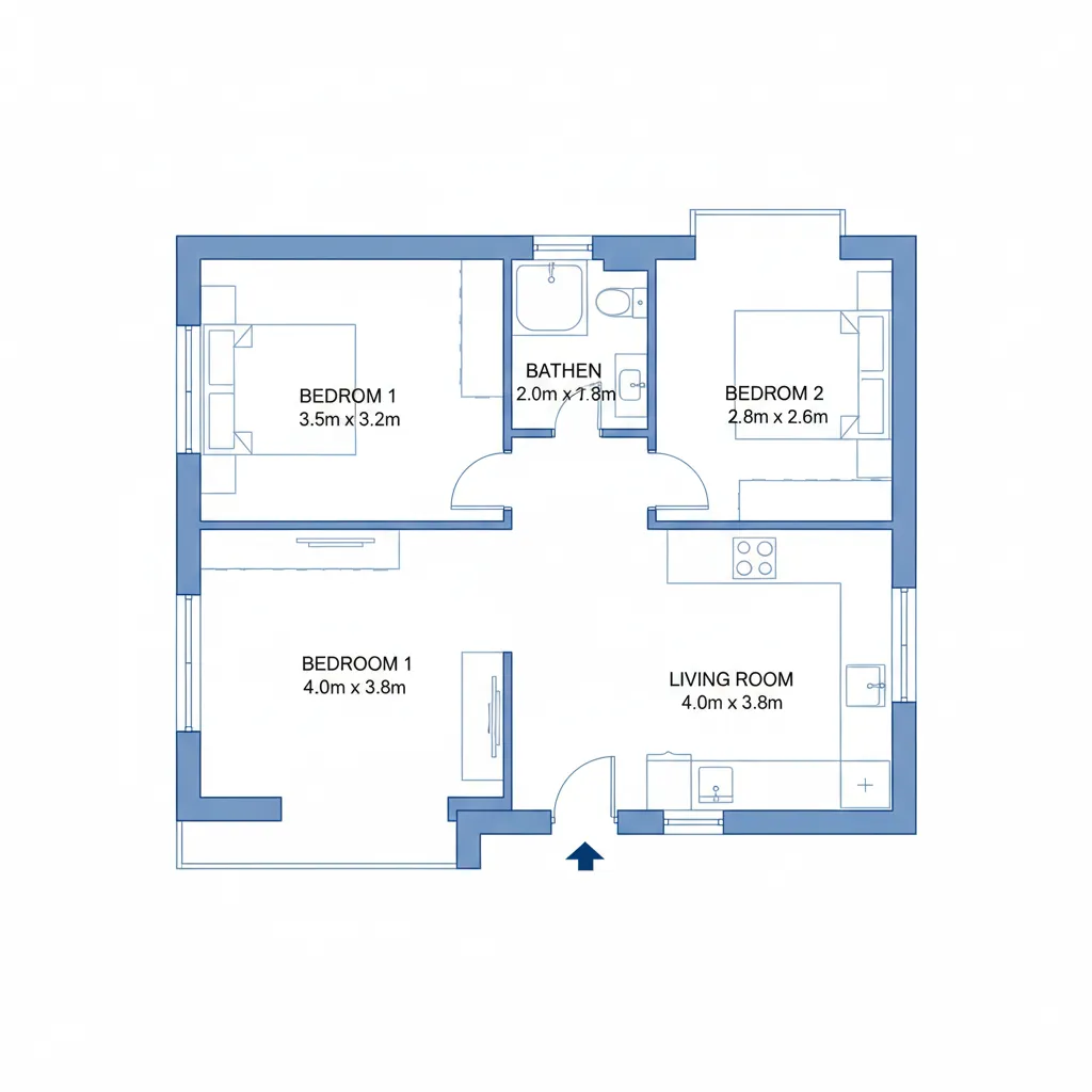 planta arquitetônica casa 56m2 com dois quartos e medidas